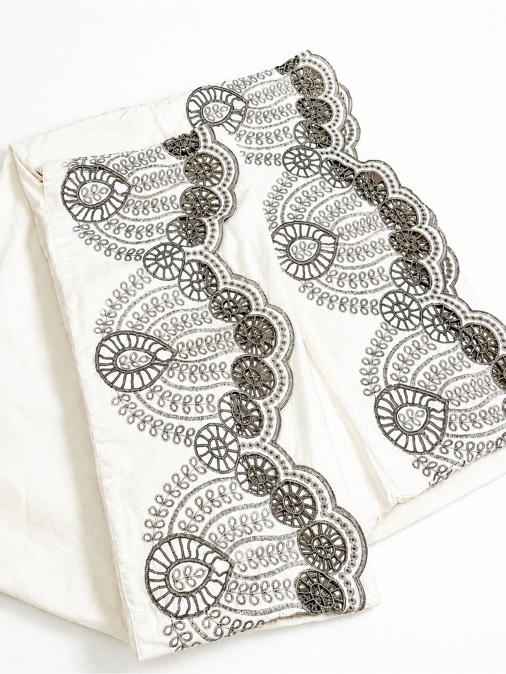 Anthropologie White Pillow Sham with Gray Embroidered Medallions
